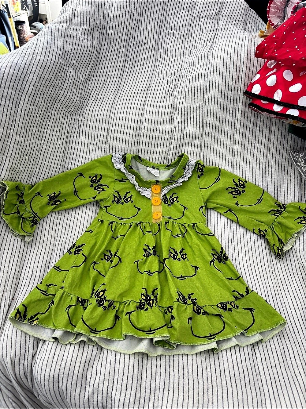 Girls Grinch Printed Long Sleeve Dress